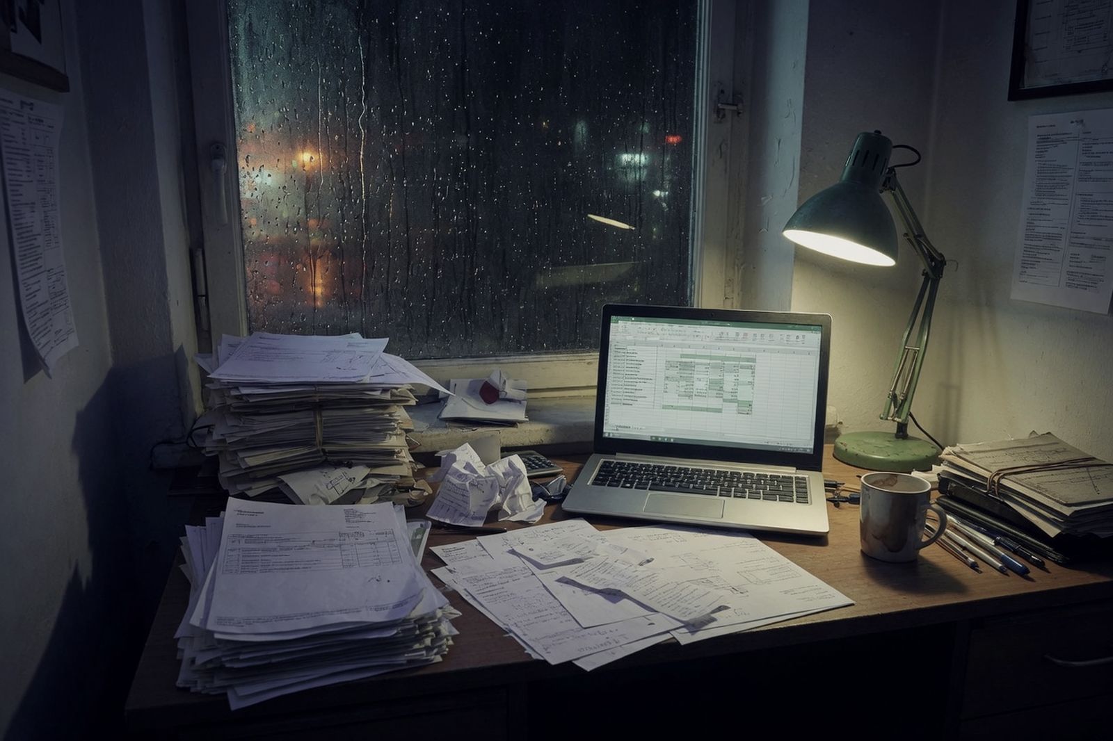 A small firm's back office at night, one desk lamp and a spreadsheet glow