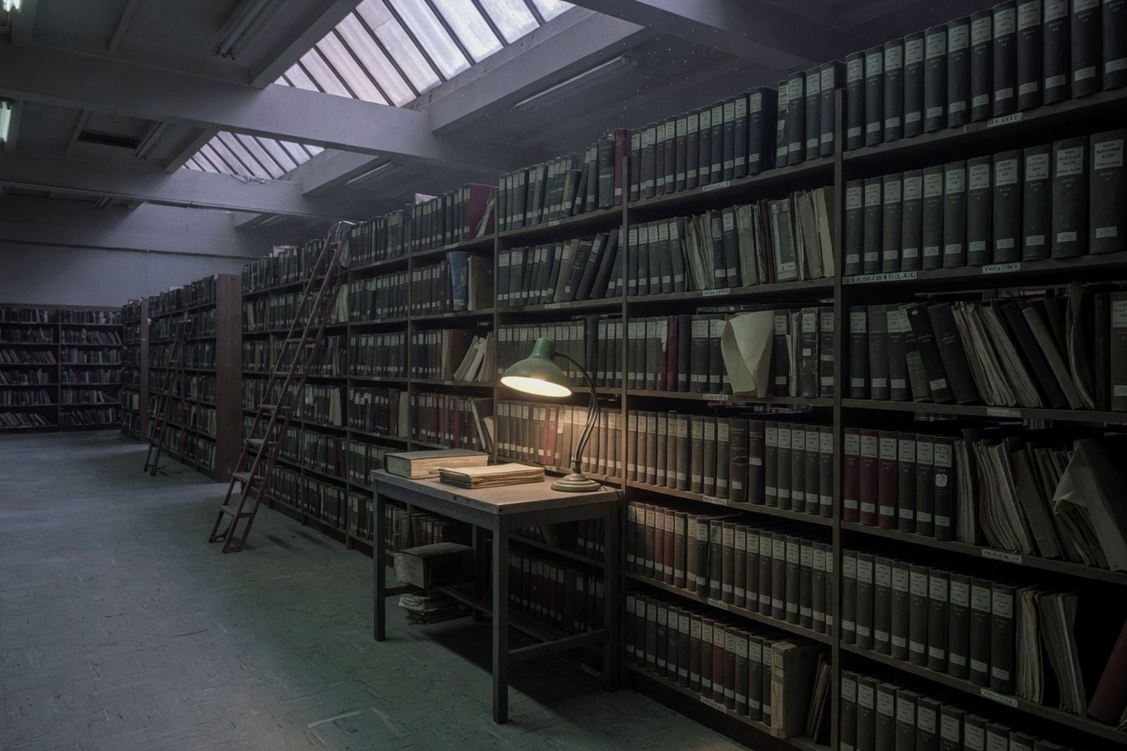 A county records archive: rows of bound ledgers under skylights, one lamp lit