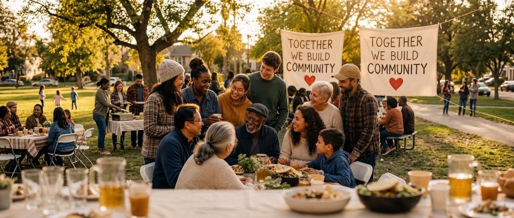 Neighbours of every age sharing a long table in a park at golden hour, under two hand-painted banners that read Together We Build Community