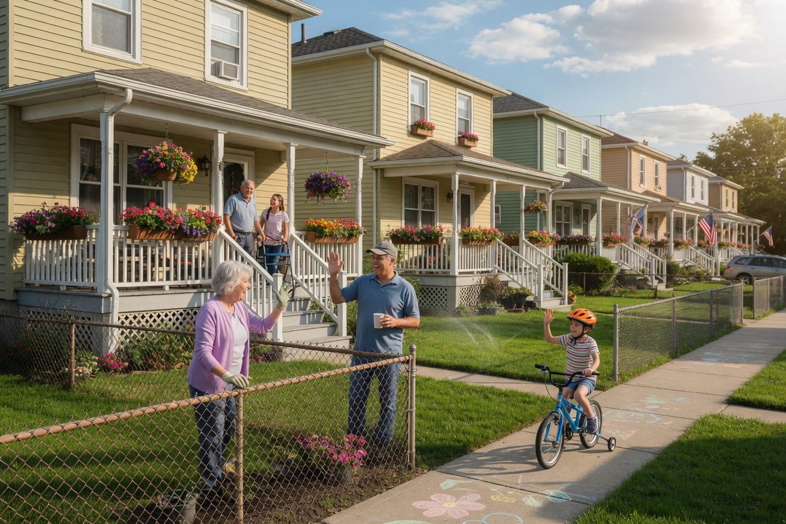 Neighbours waving to each other across a low fence on a sunny afternoon, flower boxes on the porches, a child on a bicycle