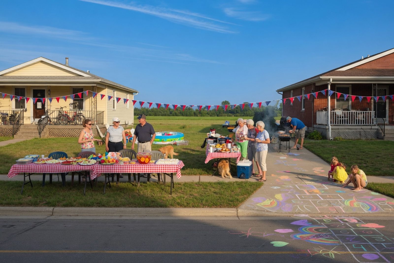 A block party on a bright summer afternoon: potluck tables under red-and-white checked cloths, neighbours talking beside a grill, two children drawing a hopscotch grid in coloured chalk across the sidewalk
